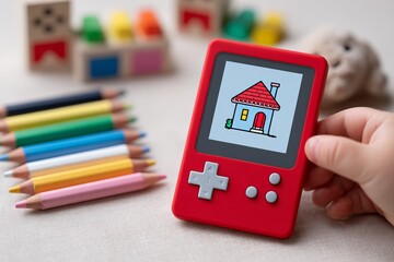 Child's hand holding retro handheld game console with house drawing on screen