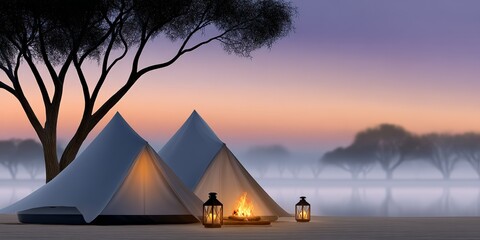 Wall Mural - Peaceful lakeside camping with tents and campfire at sunset