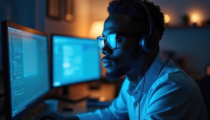Tech support agent works remotely nighttime in home office, wearing headphones, glasses. Focused on dual computer screens displaying code, data, professional provides assistance, resolves client