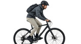 Man wearing a helmet and backpack riding a bicycle isolated on transparent background