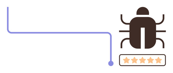 Bug figure with five-star rating panel linked by a digital flow line indicating software quality and issues. Ideal for software, cybersecurity, tech reviews, quality control, data, maintenance