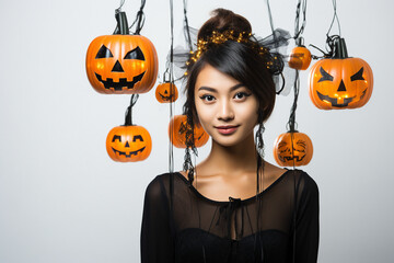 Wall Mural - Generative ai picture of beautiful model woman wearing costume and halloween makeup