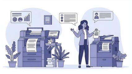 Businesswoman using large modern office printer