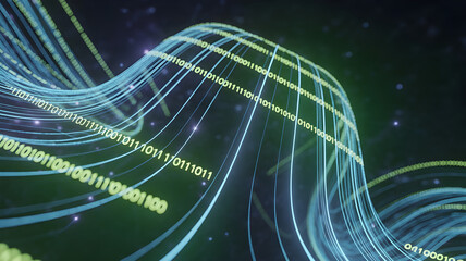 Digital data streams with glowing lines and binary code