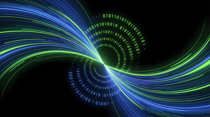 Digital data streams with glowing lines and binary code
