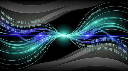Digital data streams with glowing lines and binary code