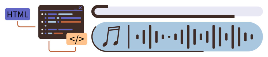 Code editor, HTML tags, progress bar, sound wave pattern, music note. Ideal for technology, coding, multimedia audio web design innovation content creation. Minimal flat metaphor
