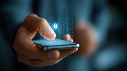 Secure smartphone data protection with a glowing padlock symbol, symbolizing online security, privacy, and digital encryption against cyber threats, in a modern digital world