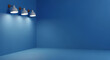 © Ryan - Podium stage with spot lights background - three modern spotlights illuminate a corner of a clean, empty blue room, creating a minimalist and bright atmosphere