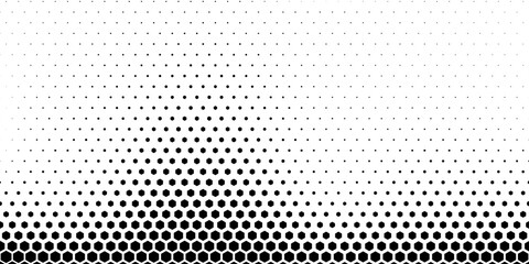 Hexagon halftone gradient texture. Abstract black grunge background. Geometric retro halftone tech overlay. Fading wavy hexagonal pattern backdrop. Vector wallpaper