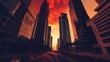 © Nighat - Cityscape view of tall buildings under a fiery orange and red sunset sky