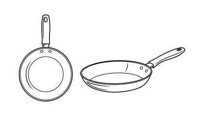 Isolated Detailed Line Art Illustration of Frying Pans, Kitchenware, Cookware Objects