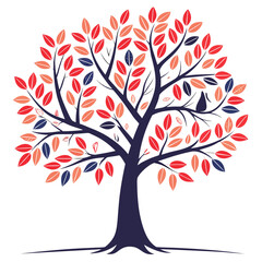 stylized autumn tree with red and blue leaves and a bird silhouette