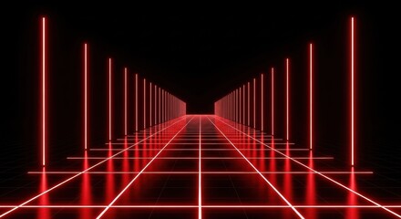 Abstract red neon grid tunnel perspective on black background.