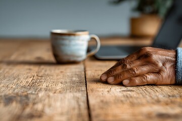 forearm of a relaxed person from elbow to hand near a sleek coffee cup and laptop.