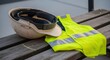 © Nelya - A Worker's Respite: Worn Hard Hat and Hi-Vis Vest on a Weathered Bench