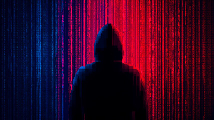 Mysterious figure in a hoodie stands before vibrant binary code, symbolizing technology and data security.
