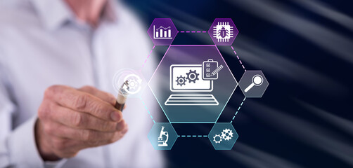 Man touching a software testing concept
