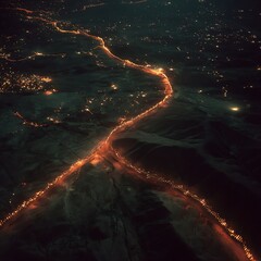Wall Mural - Nighttime aerial view of a luminous barbed wire fence on the India-Pakistan border , border, India, Pakistan.