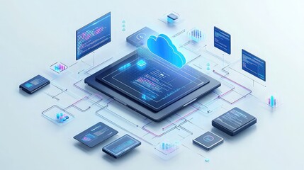 SaaS app stack diagram in stylized UI mockup showing frontend, backend, API layer, and cloud integration across modular service architecture concept