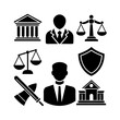 © Stock - Illustration showing law and justice elements including scales, building, shield, axe, and people icons