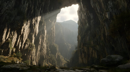 Wall Mural - cave opening with light shining in, revealing rock textures and underground formations