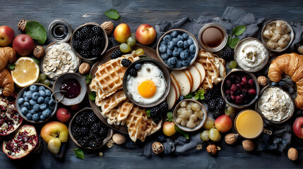 Wall Mural - setup with chia pudding, nuts, blueberries, and kiwi slices in soft morning light