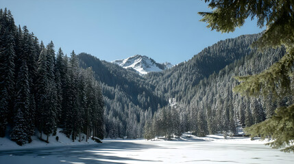 Wall Mural - landscape with snow-covered trees, soft light, and a frozen lake in the foreground