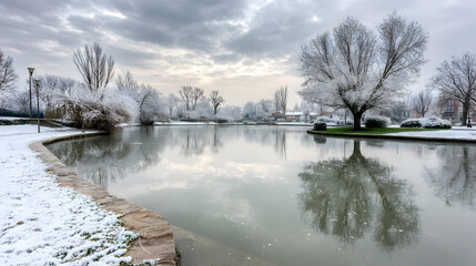 Wall Mural - landscape with snow-covered trees, soft light, and a frozen lake in the foreground