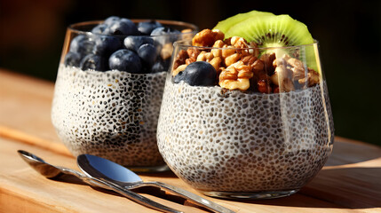 Wall Mural - setup with chia pudding, nuts, blueberries, and kiwi slices in soft morning light