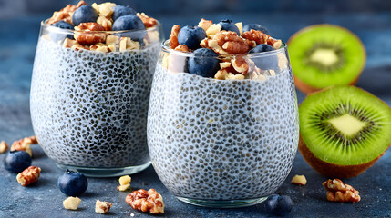 Wall Mural - setup with chia pudding, nuts, blueberries, and kiwi slices in soft morning light