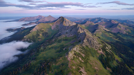 Wall Mural - mountain landscape during sunrise with golden light touching the peaks and morning mist