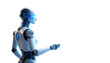 © Khalid - Futuristic AI humanoid robot interacting with holographic interface, in a sleek modern lab setting, blue lighting isolated on solid white background Png
