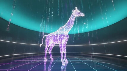 Wall Mural - polygonal giraffe is standing in futuristic neon metaverse space with falling binary code, represent