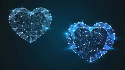 Wall Mural - two glowing blue polygon hearts are floating on a dark blue background, representing love, connectio