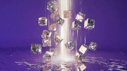 Wall Mural - Numerous textured cubes are suspended and falling against a vibrant purple backdrop, illuminated by a central vertical light source, creating reflections on the glossy surface below