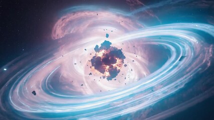 Wall Mural - exploding planet creating a dynamic asteroid field and radiant glowing rings in the depths of space,