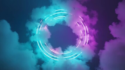 Wall Mural - multiple glowing neon circles creating a frame against a night sky filled with illuminated clouds, o