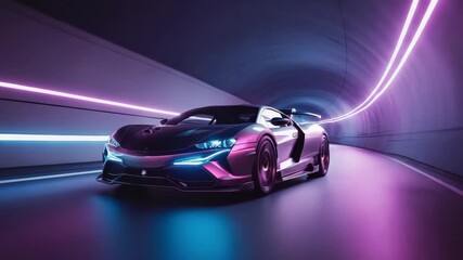 Wall Mural - modern sports car driving through a futuristic tunnel lit by neon lights, creating a vibrant and dyn