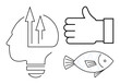 © robu_s - Human head with upward arrows symbolizing growth, thumbs-up gesture for approval, and fish as potential creativity metaphor. Ideal for growth, success, innovation, choice, sustainability, feedback