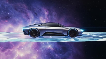 Wall Mural - futuristic silver car driving on a glass road in space, with a purple nebula in the background, repr