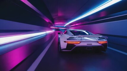 Wall Mural - white sports car speeding through futuristic neon-lit tunnel, creating a vibrant and dynamic scene w