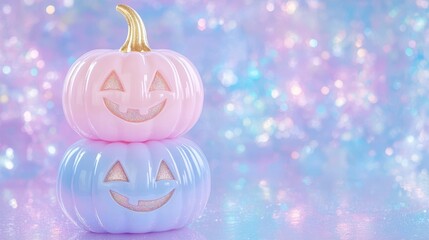 Wall Mural - Charming pastel Halloween pumpkins with glitter details and a dreamy bokeh backdrop.