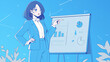 © 963k - スーツを着た女性が社内のスクリーンを前に熱心にプレゼンを行っているシーンを描いたアニメーションイラスト。オフィスワーク、キャリア、仕事、社会人、女性社員、会議資料に使える抽象的な汎用背景素材。