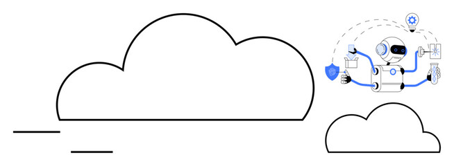 Wall Mural - robot with multiple arms interacting with cloud elements, icons of security, storage, communication,