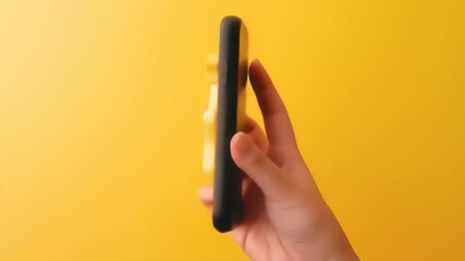 Hand holding smartphone featuring a yellow star character against a solid yellow backdrop. The focus is on simplicity, with the phone's design and the star character standing out.