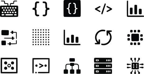 Set of linear vector icons related to programming and development representing keyboard brackets code chart refresh data server and chip symbolizing coding process and digital technology