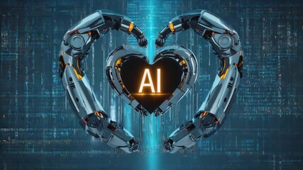 Wall Mural - two robotic arms creating a heart shape around a glowing ai symbol, set against flowing binary code,