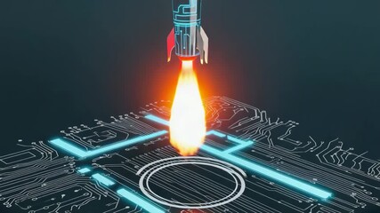 Rocket ship launching from a futuristic circuit board, billowing smoke and flames, representing the essence of technological advancement, innovation, and the drive for progress in the digital age