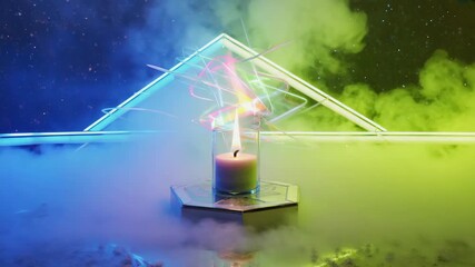 Wall Mural - single white candle burns brightly. casting a warm glow against a backdrop of vibrant neon lights. s